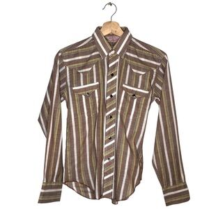 VINTAGE 70s H Bar C California Ranchwear Mens Brown Striped Western Shirt Small